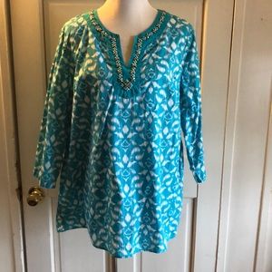 Women’s 1X Kim Rogers Aqua Beaded Stitched Tunic